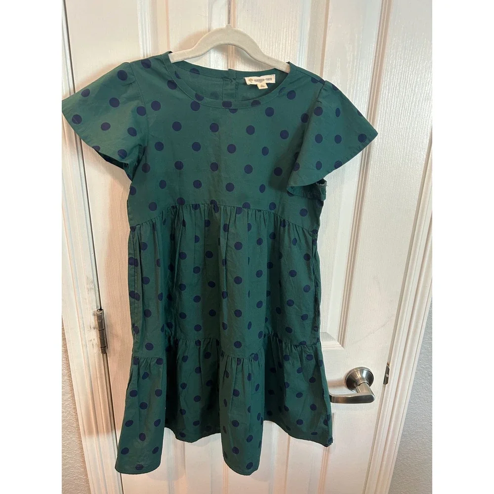 Tucker + Tate Dress Green Polka Dot Tiered Flutter Sleeve Kids Size 8 Cotton